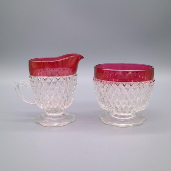 Indiana Glass Company Ruby Flashed Iridescent Diamond Point Pattern Vintage - Picture 7 of 9